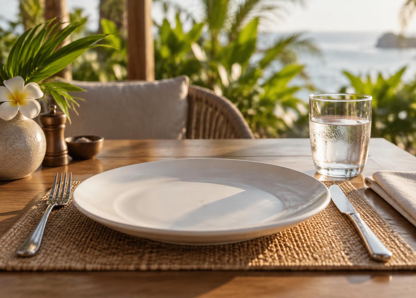 A simple table setting with tropical greenery — dining atmosphere