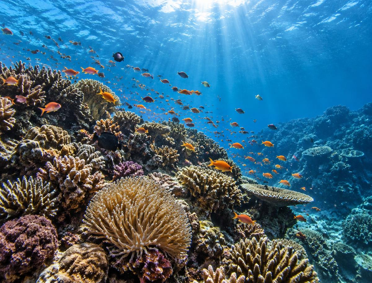 Coral reef with tropical fish in clear blue water
